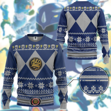 Gearhumans 3D Mighty Morphin Blue Power Ranger Custom Ugly Christmas Sweater