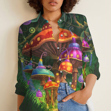 Gearhumans 3D Colorful Mushroom Linen Shirt For Woman