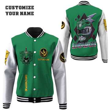 Gearhumans 3D Mighty Morphin Power Ranger Green Custom Name Baseball Jacket