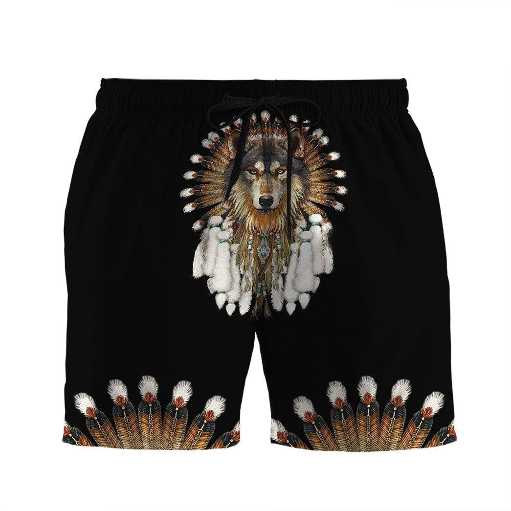 Gearhumans 3D Native American Wolf Custom Beach Shorts Swim Trunks