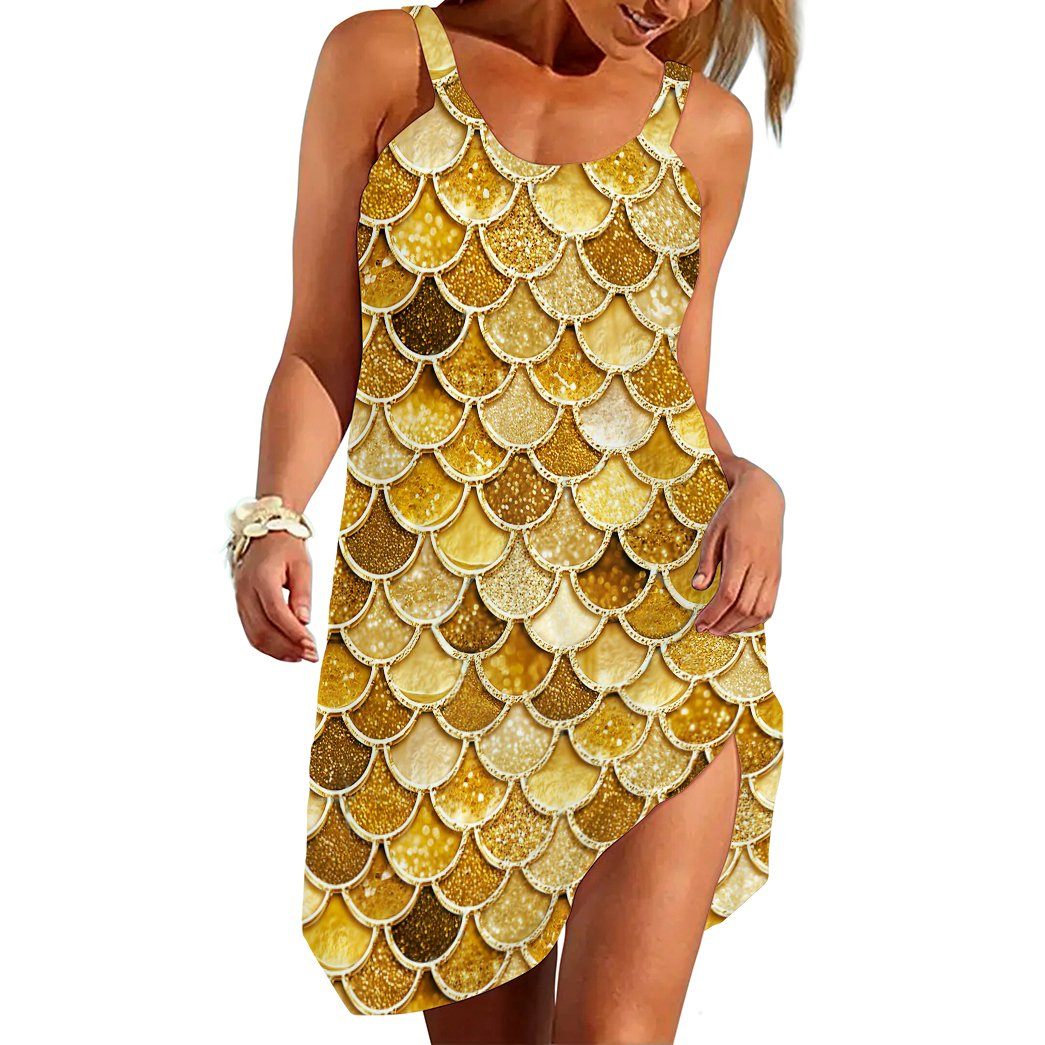 Gearhumans 3D The Most Ultra Gold Sparkle Mermaid Tail In The Ocean Custom Sleeveless Beach Dress Gearhumans 3D The Most Ultra Gold Sparkle Mermaid Tail In The Ocean Custom Sleeveless Beach Dress