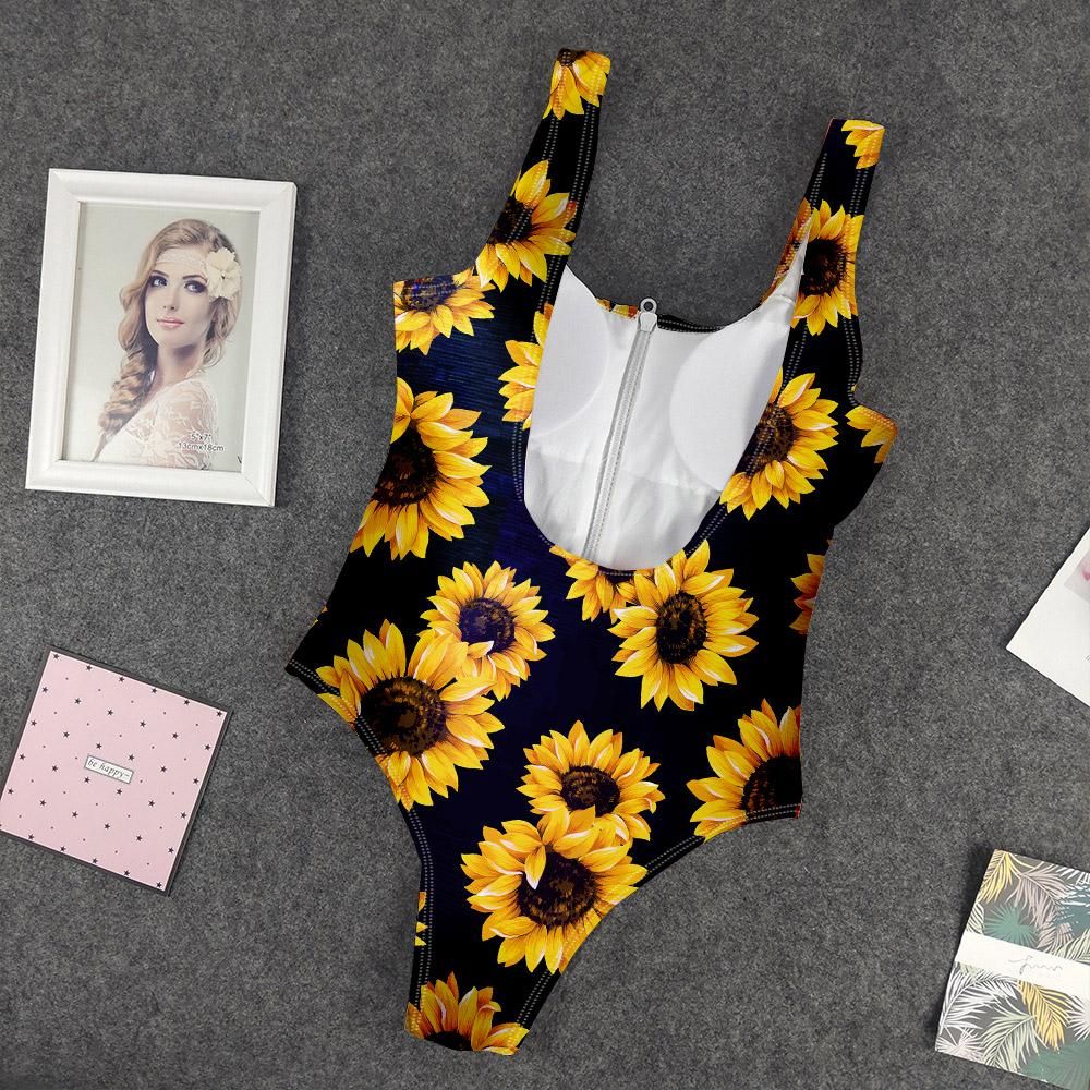 Gearhumans 3D Sunflowers In Black Custom Swimsuit GO03062118 One-piece Swimsuit