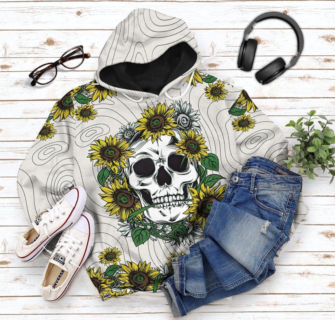 Gearhumans 3D Sunflower Skull Custom Tshirt Hoodie Appaprel GW020419 3D Apparel