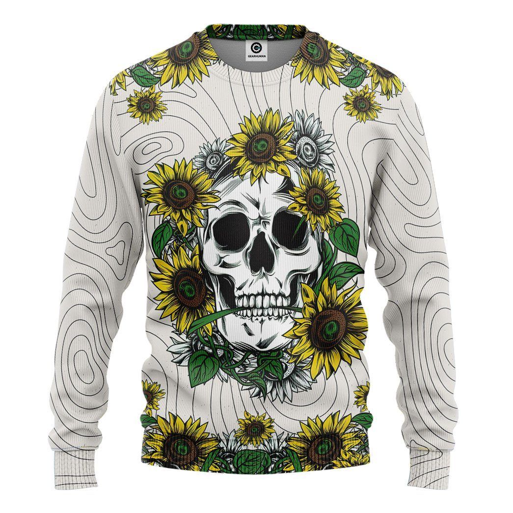 Gearhumans 3D Sunflower Skull Custom Tshirt Hoodie Appaprel GW020419 3D Apparel Long Sleeve S