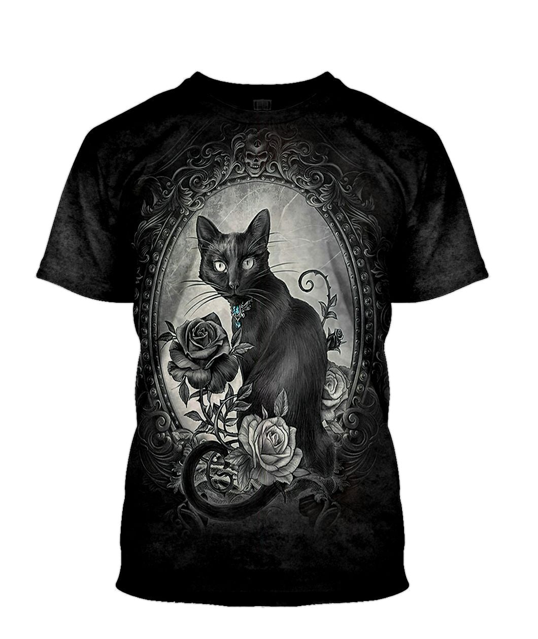Gearhumans 3D Halloween Black Cat Skull Witchy Custom Bleached Tshirt