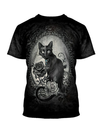 Gearhumans 3D Halloween Black Cat Skull Witchy Custom Bleached Tshirt