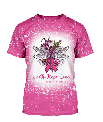 Gearhumans 3D Dragonfly Faith Hope Love Breast Cancer Awareness Custom Bleached Tshirt