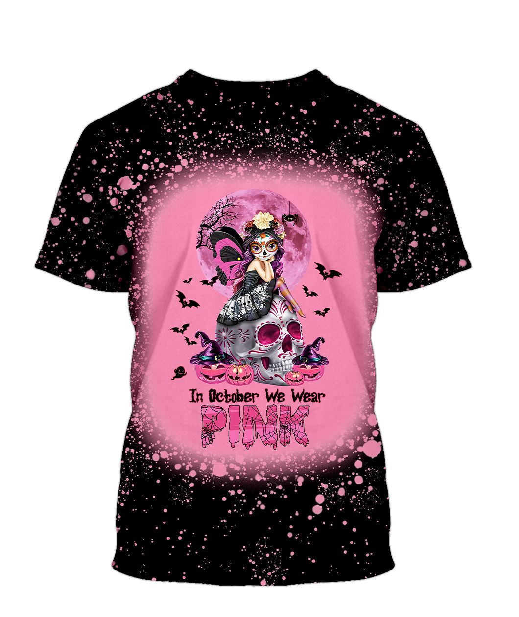 Gearhumans 3D Sugar Skull Girl Breast Cancer Awareness Custom Bleached Shirt