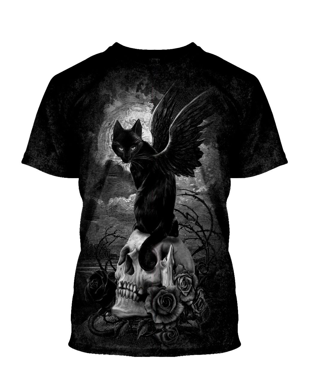 Gearhumans 3D Halloween Black Cat On Witchy Skull Custom Bleached Tshirt
