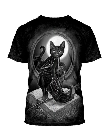 Gearhumans 3D Halloween Black Cat Spooky Witchy Custom Bleached Tshirt