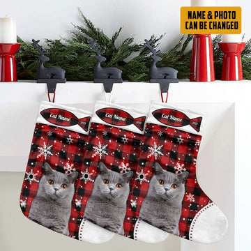 Gearhumans 3D Christmas Cat Custom Photo Custom Name Christmas Socks