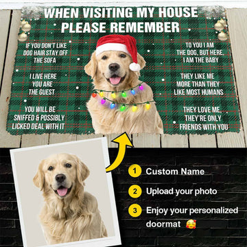 Gearhumans 3D Please Remember Golden Retriever Dog's House Rules Christmas Dark Green Plaid Version Custom Photo Doormat