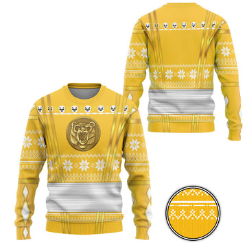 Gearhumans 3D Yellow Ninja Mighty Morphin Power Rangers Custom Ugly Sweater