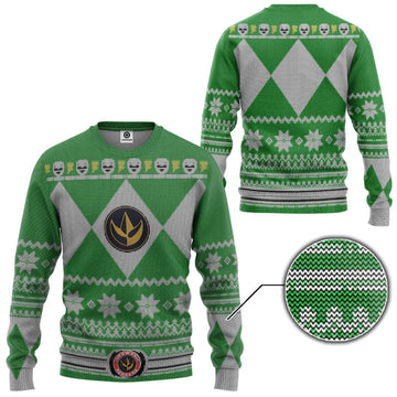 Gearhumans 3D Mighty Morphin Green Power Ranger Custom Ugly Christmas Sweater