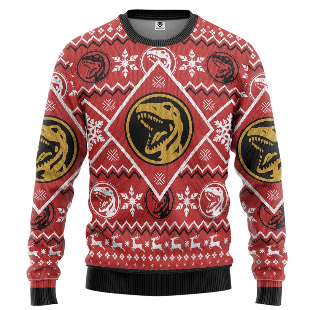 Gearhumans 3D Mighty Morphin Red Power Ranger Custom Ugly Christmas Sweater