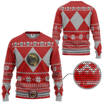 Gearhumans 3D Mighty Morphin Red Power Ranger Custom Ugly Christmas Sweater