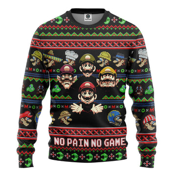 Gearhumans 3D Mario No Pain No Game Custom Ugly Sweater