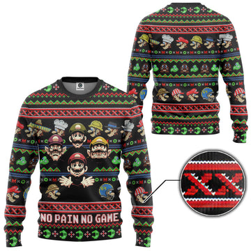 Gearhumans 3D Mario No Pain No Game Custom Ugly Sweater