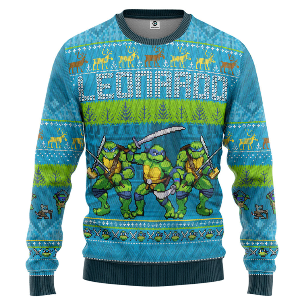 Gearhumans 3D Leonardo TMNT Ugly Christmas Style Custom Ugly Sweater