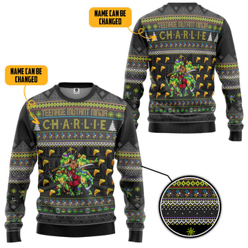 Gearhumans 3D TMNT Turtles Ugly Christmas Style Personalized Custom Name Ugly Sweater