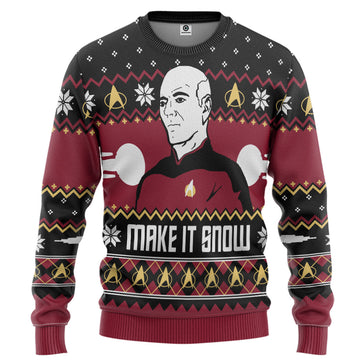 Gearhumans 3D Make It Snow With Captian Jean-Luc Picard Christmas Custom Ugly Sweater