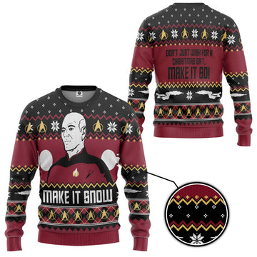 Gearhumans 3D Make It Snow With Captian Jean-Luc Picard Christmas Custom Ugly Sweater