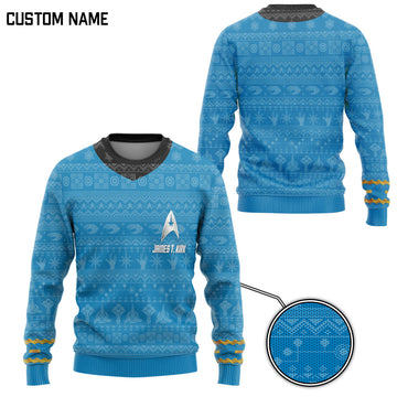 Gearhumans 3D S.T The Original Series 1966 1969 Blue Ugly Christmas Custom Name Ugly Sweater