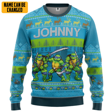 Gearhumans 3D Leonardo TMNT Ugly Christmas New Style Custom Name Ugly Sweater