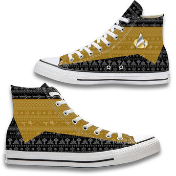 Gearhumans 3D S.T The Next Generation 1987 Yellow Ugly Christmas Custom High Top Converse Shoes