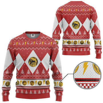Gearhumans 3D Mighty Morphin Red Ranger Christmas Custom Ugly Sweater