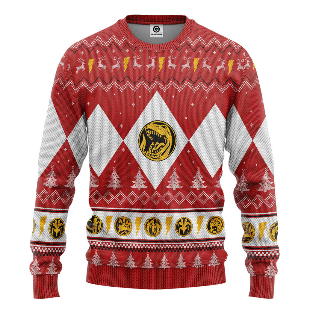 Gearhumans 3D Mighty Morphin Red Ranger Christmas Custom Ugly Sweater