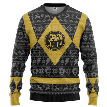 Gearhumans 3D Power Ranger Mighty Morphin Yellow Ranger Ugly Christmas Limited Edition Custom Ugly Sweater