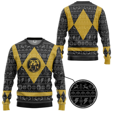Gearhumans 3D Power Ranger Mighty Morphin Yellow Ranger Ugly Christmas Limited Edition Custom Ugly Sweater