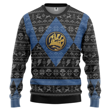 Gearhumans 3D Power Ranger Mighty Morphin Blue Ranger Ugly Christmas Limited Edition Custom Ugly Sweater