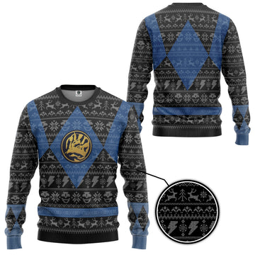 Gearhumans 3D Power Ranger Mighty Morphin Blue Ranger Ugly Christmas Limited Edition Custom Ugly Sweater