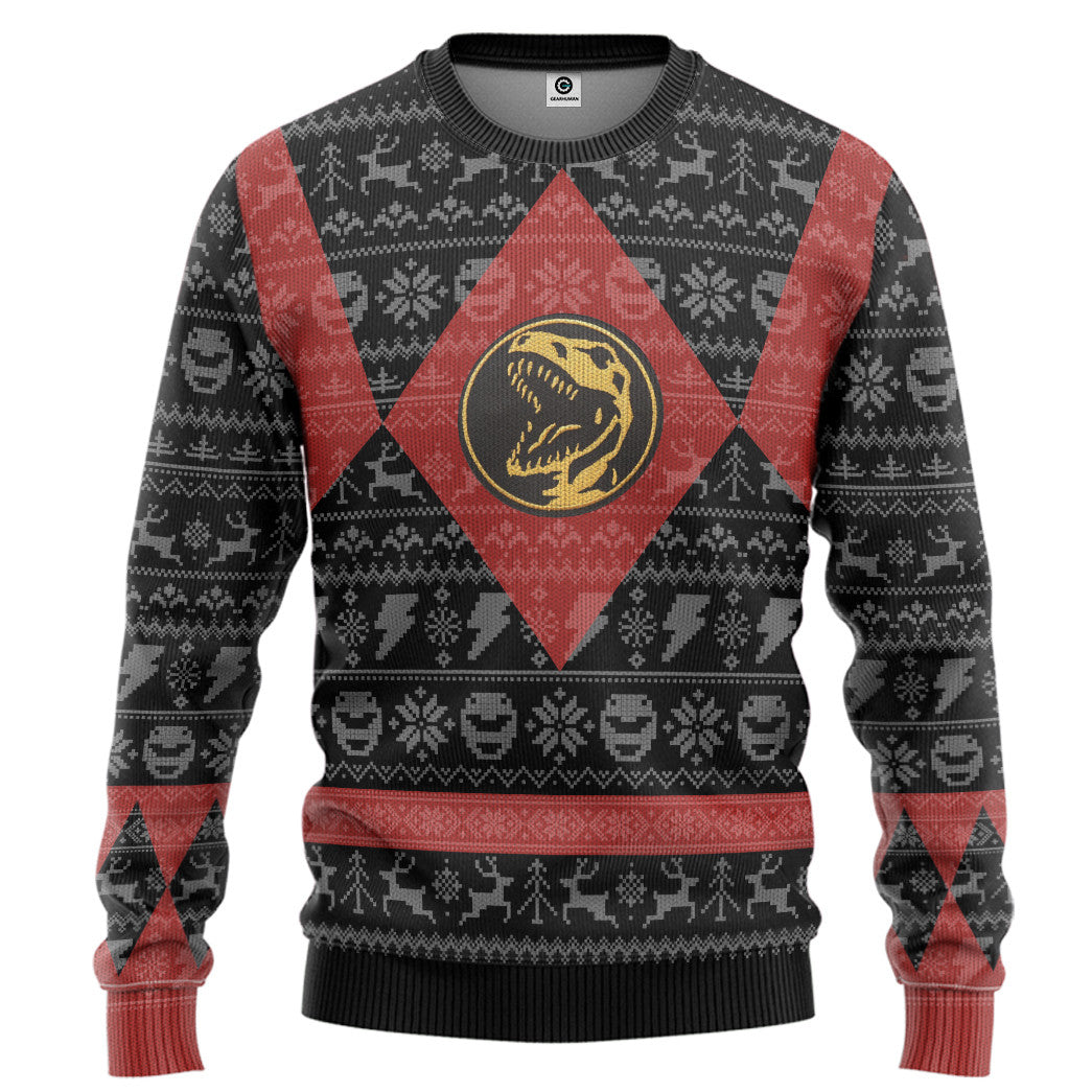 Gearhumans 3D Power Ranger Mighty Morphin Red Power Ranger Ugly Christmas Limited Edition Custom Ugly Sweater