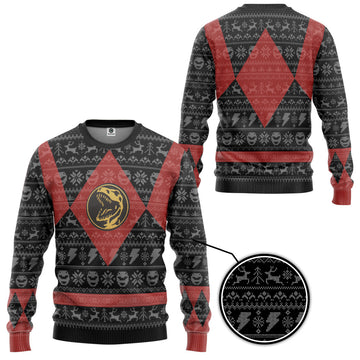 Gearhumans 3D Power Ranger Mighty Morphin Red Power Ranger Ugly Christmas Limited Edition Custom Ugly Sweater
