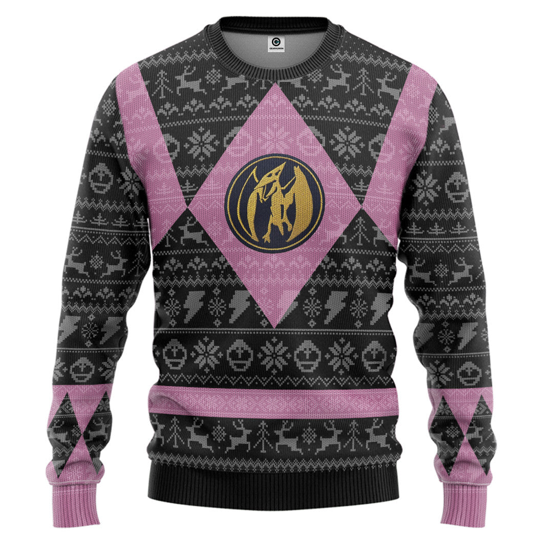 Gearhumans 3D Power Ranger Mighty Morphin Pink Power Ranger Ugly Christmas Limited Edition Custom Ugly Sweater