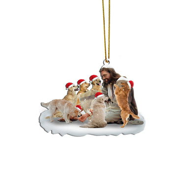 Gearhumans 3D Jesus Surrounded By Golden Retriever Dogs Christmas Custom Ornament