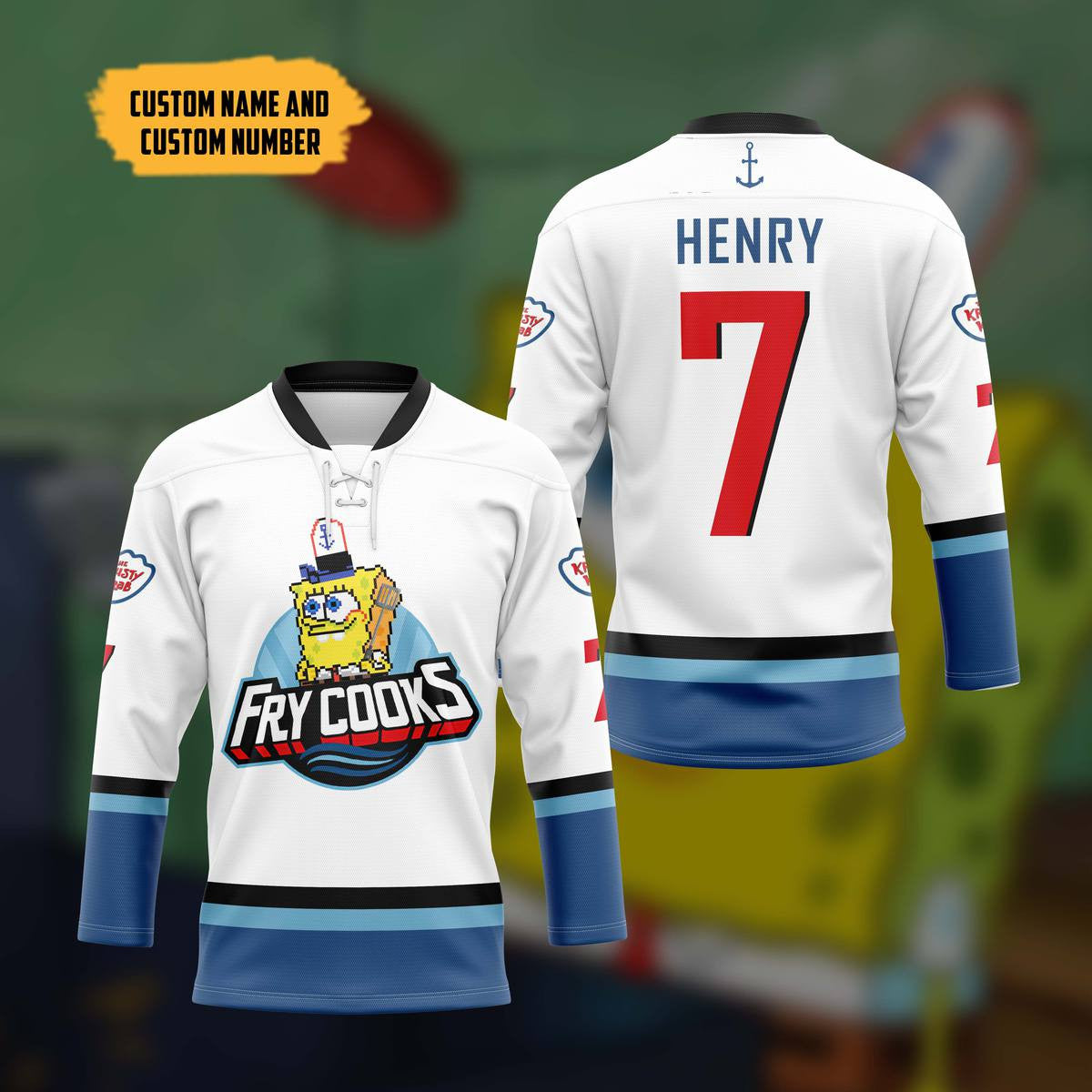 Gearhumans 3D SpongeBob Fry Cooks Custom Name Custom Number Hockey Jer