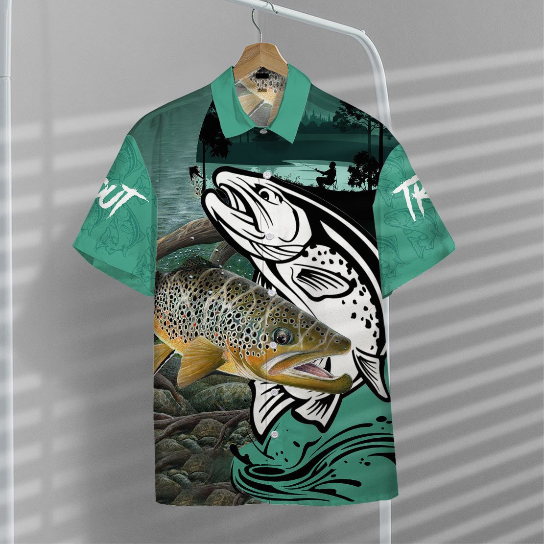 Gearhumans 3D Trout Fishing Custom Hawaiian Shirt, HAWAI Shirt / 5XL Short Sleeve Short, Hawaiian Shirts for Men