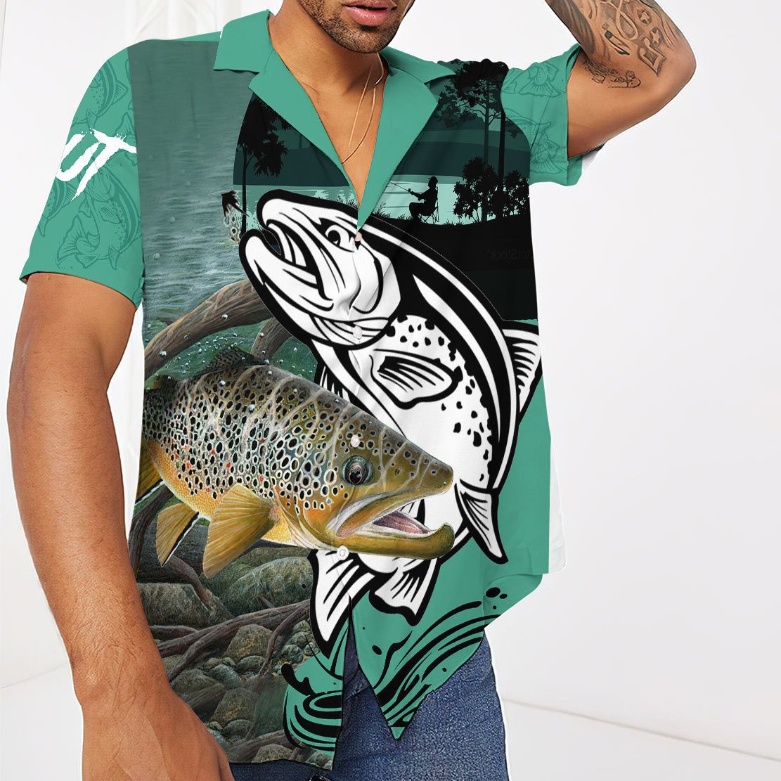 Gearhumans 3D Trout Fishing Custom Hawaiian Shirt, HAWAI Shirt / 4XL Short Sleeve Short, Hawaiian Shirts for Men