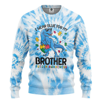 Gearhumans 3D I Wear Blue For My Brother Autism Awareness T-Rex Tie Dye Custom Tshirt Hoodie Apprael