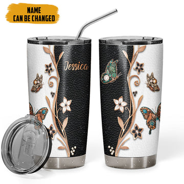 Gearhumans 3D Butterfly Golden Butterfly Leather Style Custom Name Tumbler