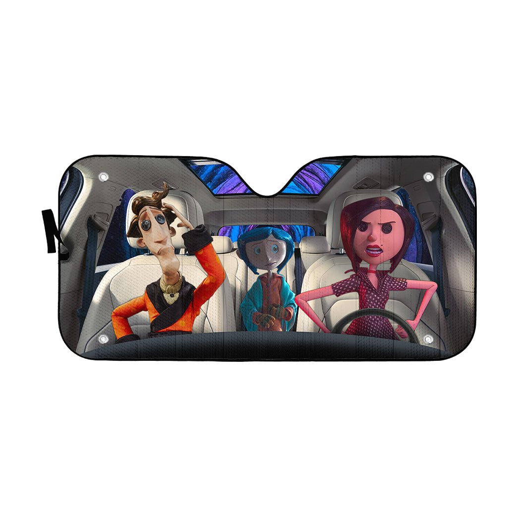 Gearhumans 3D Coraline Button Eyed Family Custom Car Auto Sunshade