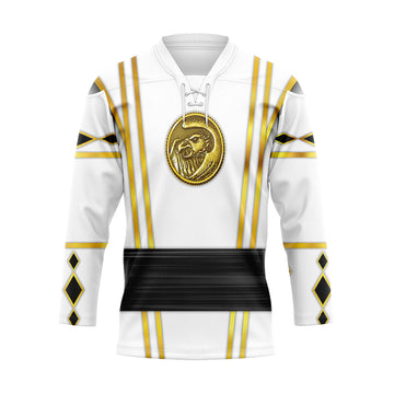 Gearhumans 3D White Falcon Ninja Mighty Morphin Power Rangers Ninjetti Custom Hockey Jersey