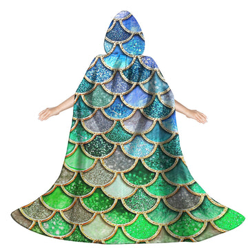 Gearhumans 3D The Most Green And Blue Sparkle Mermaid Tail In The Ocean Custom Hooded Cloak