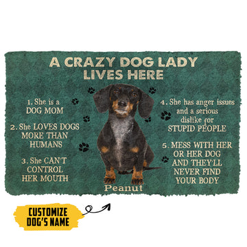 Gearhumans 3D A Crazy Dog Lady Lives Here Black Dachshund Custom Name Doormat