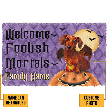 Gearhumans 3D Welcome Foolish Mortals Halloween Vampire Dog Custom Name Custom Photo Doormat