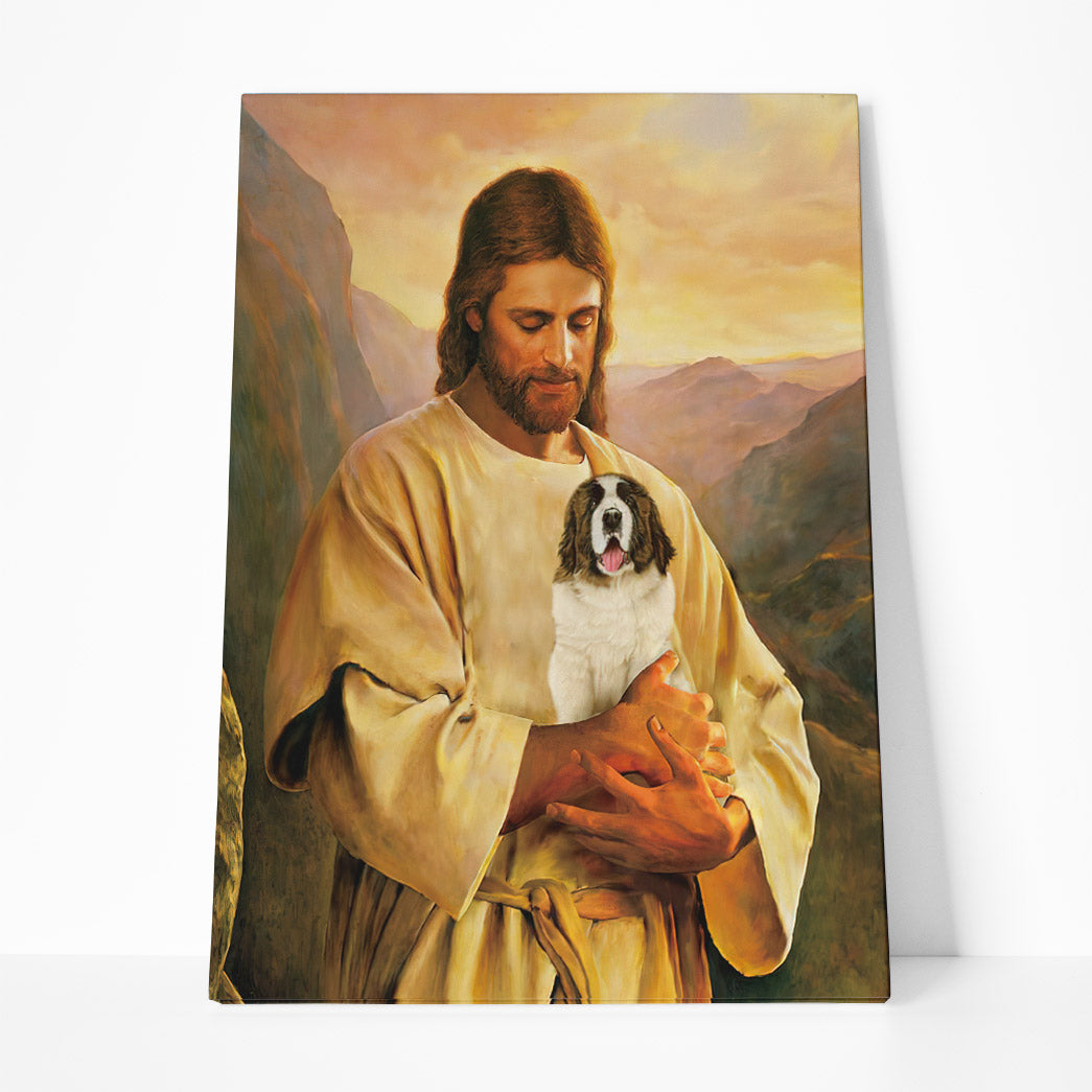 Gearhumans 3D Jesus Holding Saint Bernard Dog Custom Canvas